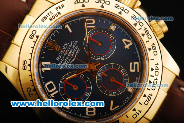 Rolex Daytona Chronograph Swiss Valjoux 7750 Automatic Movement Gold Case with Blue Dial and Brown Leather Strap - Click Image to Close